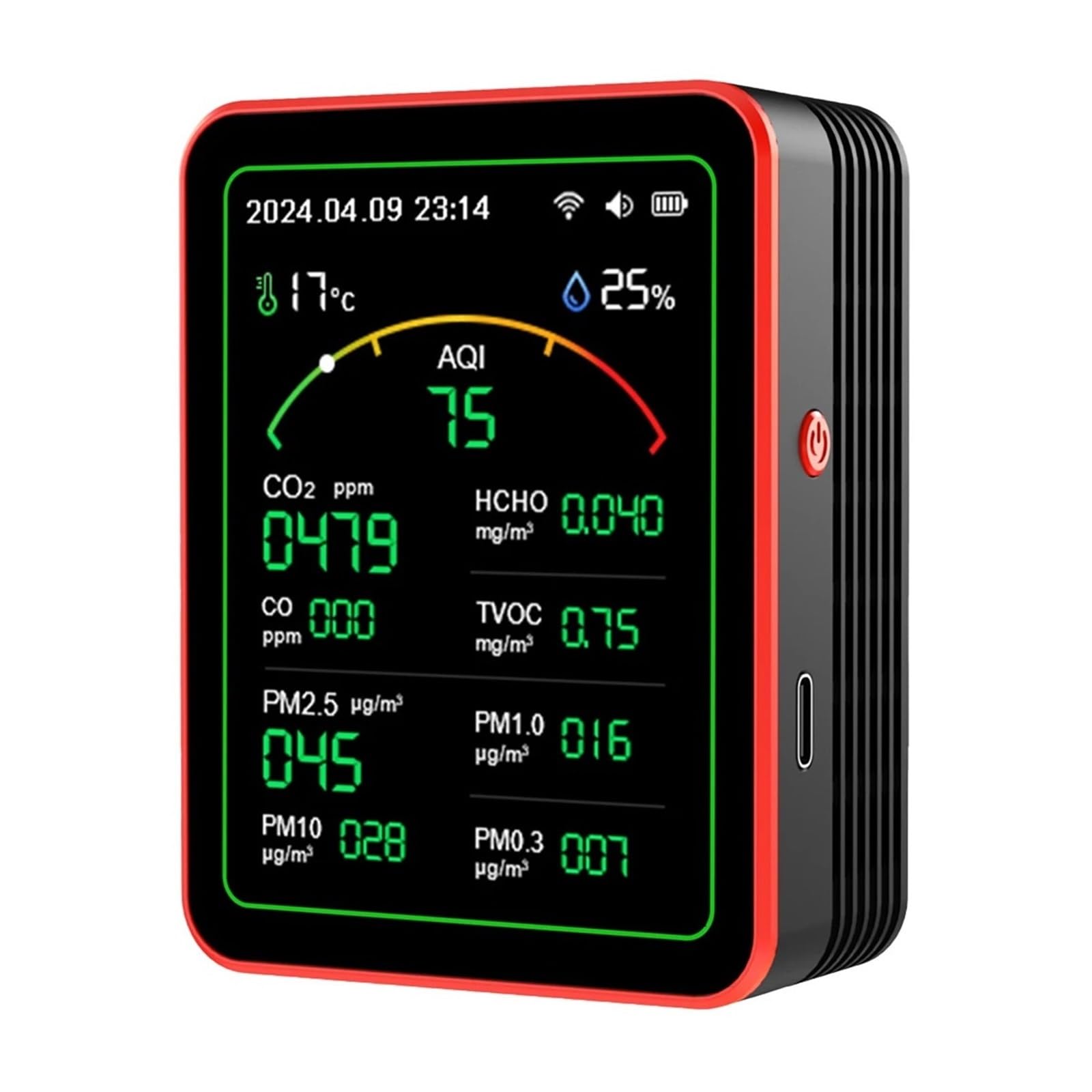 Monitor de calidad del aire, WiFi 15 En 1 Detector De Calidad Del Aire CO CO2 PM0.3 PM1.0 PM2.5 PM10 Probador Portátil Medidor Temperatura Y Humedad(Black)