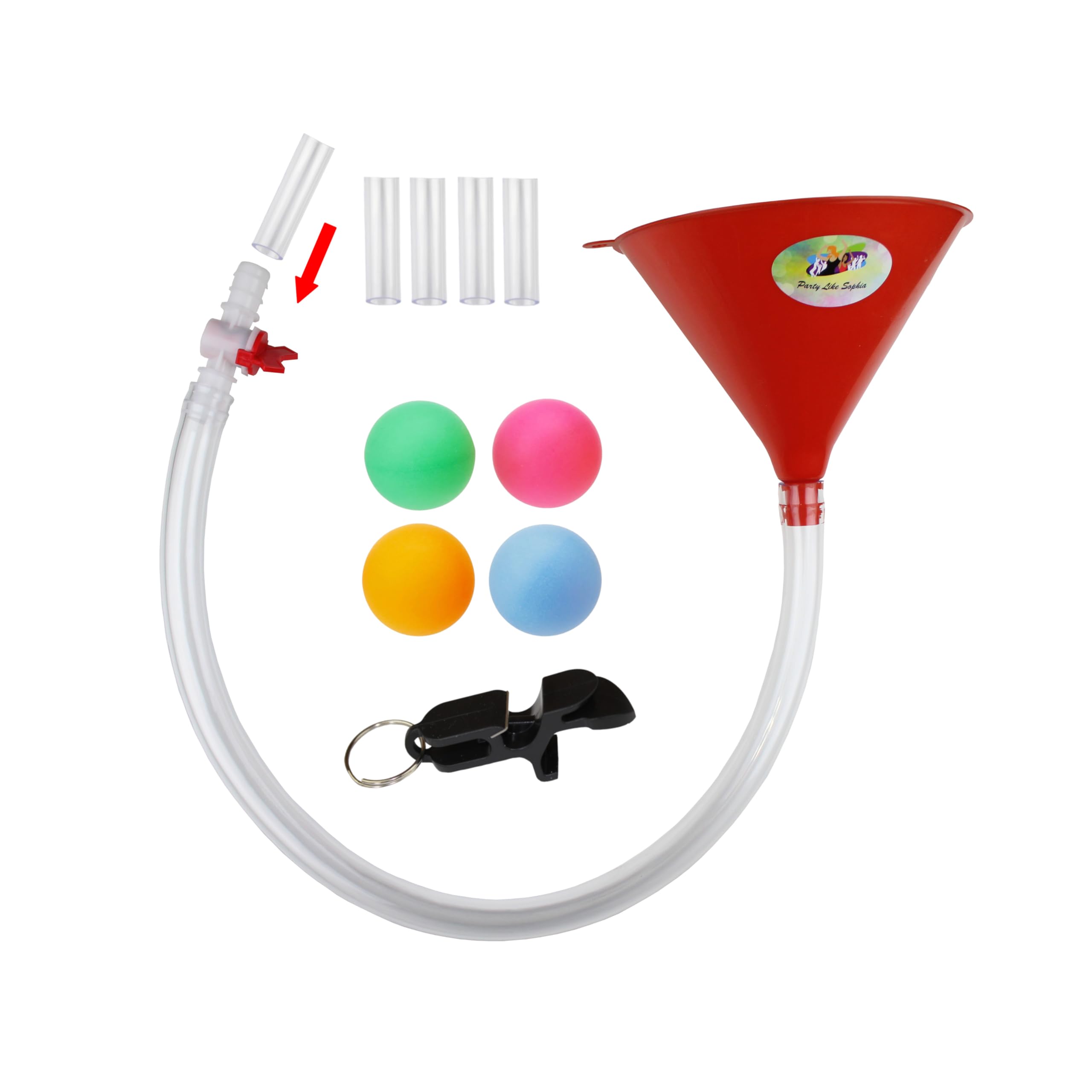 Beer Bong Funnel with Valve, 4 Beer Pong Balls, 5 mouthpieces, Shotgun Keychain Tool Bottle Opener, Extra Long 2.5 feet (30 inch) Kink Free Tube - Premium Funnel for Beer Drinking Games, College Party