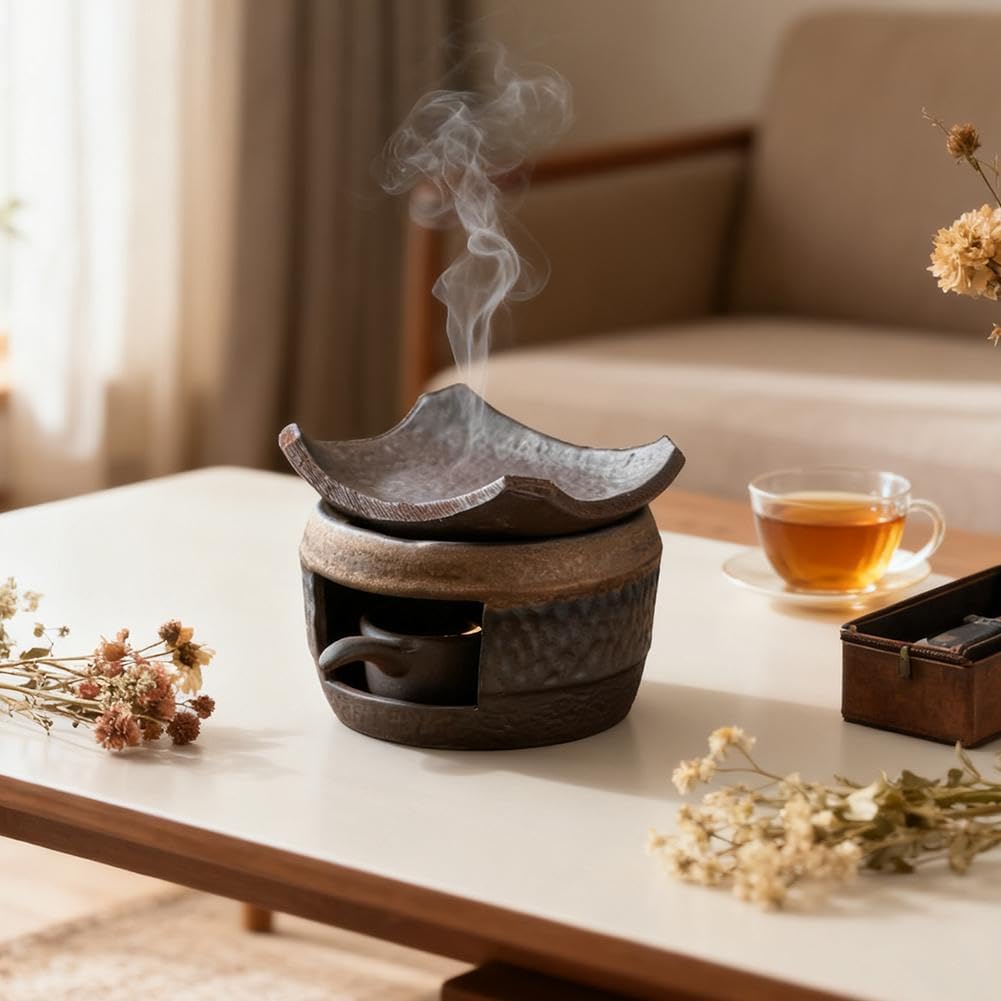 Ceramic Tea Stove Warmer Set, Zen Aromatherapy Burner, Ceramic Aromatherapy Stove Essential Oil, Handmade Zen Incense Burner Kit Multi-Functional Teapot Warmer for Home Office (Brown B)