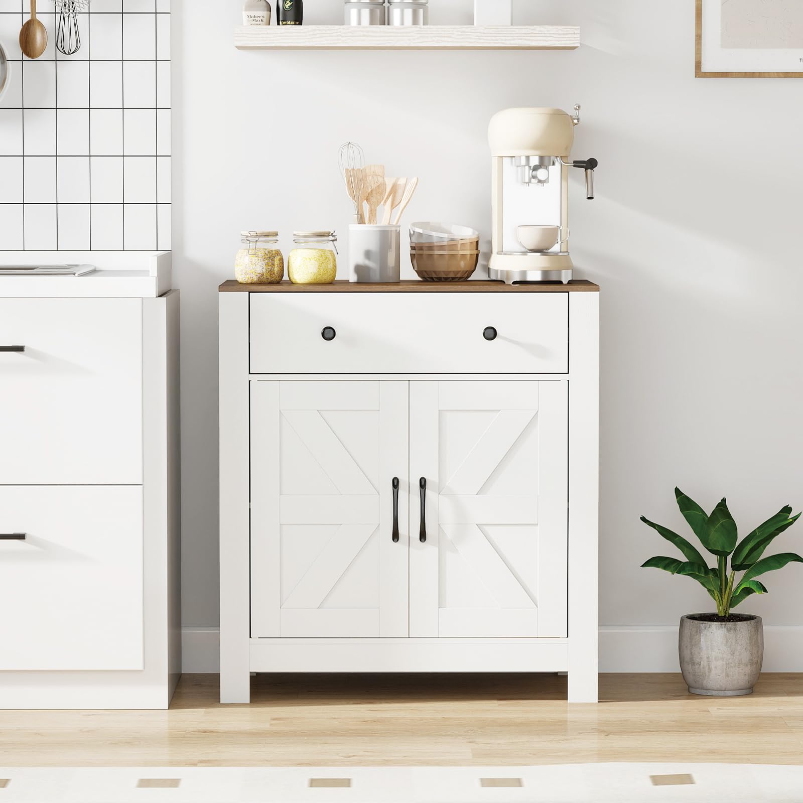 COSTWAY Mueble Auxiliar de Cocina, 76 x 40 x 85 cm, Aparador de Entrada Bajo con 1 Cajón, 2 Puertas y Estante Ajustable, Armario de Almacenamiento para Cocina, Salón, Entrada, Blanco y Natural