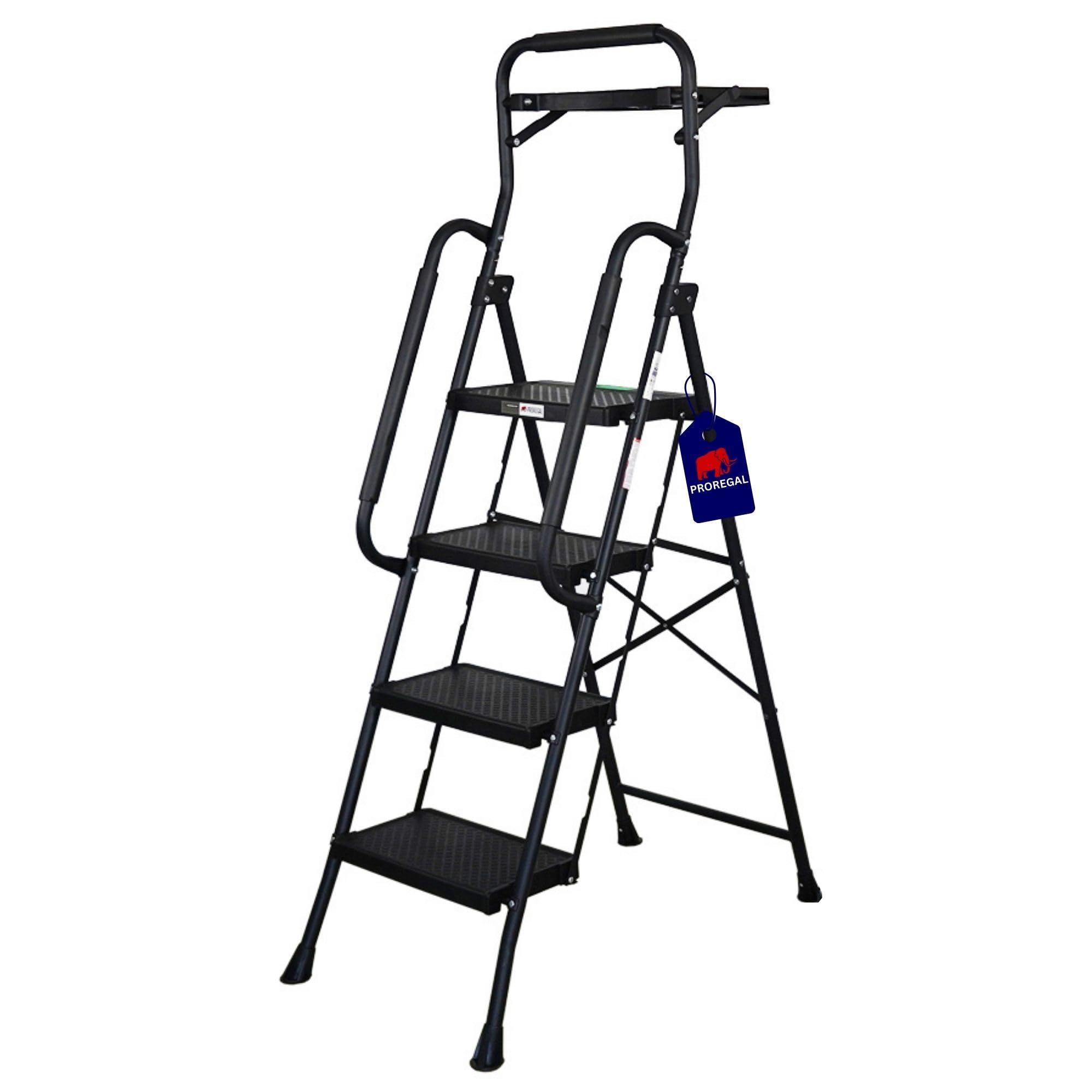 PROREGAL Profi-Escabeau pliant avec certification TÜV/GS, avec arceau manuel et plateau à outils 4 marches avec surface striée HxLxP 160x51x87cm Capacité de charge 150kg Acier Noir, Marche Pied Pliant