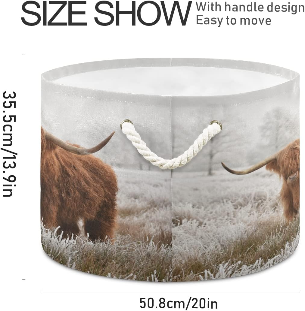 Scottish Highland Cow Cotton Rope Basket, XXX Large Collapsible Storage Basket for Toys, Pillows, Blankets in Living Room, Laundry Room, Bathroom, Home Decor