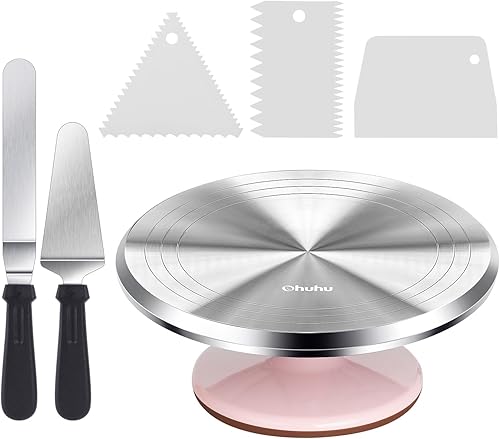 Ohuhu Tocadiscos para tartas, aluminio de 12 pulgadas, kit de decoración de tartas, suministros giratorios, soporte giratorio con 2 espátulas de