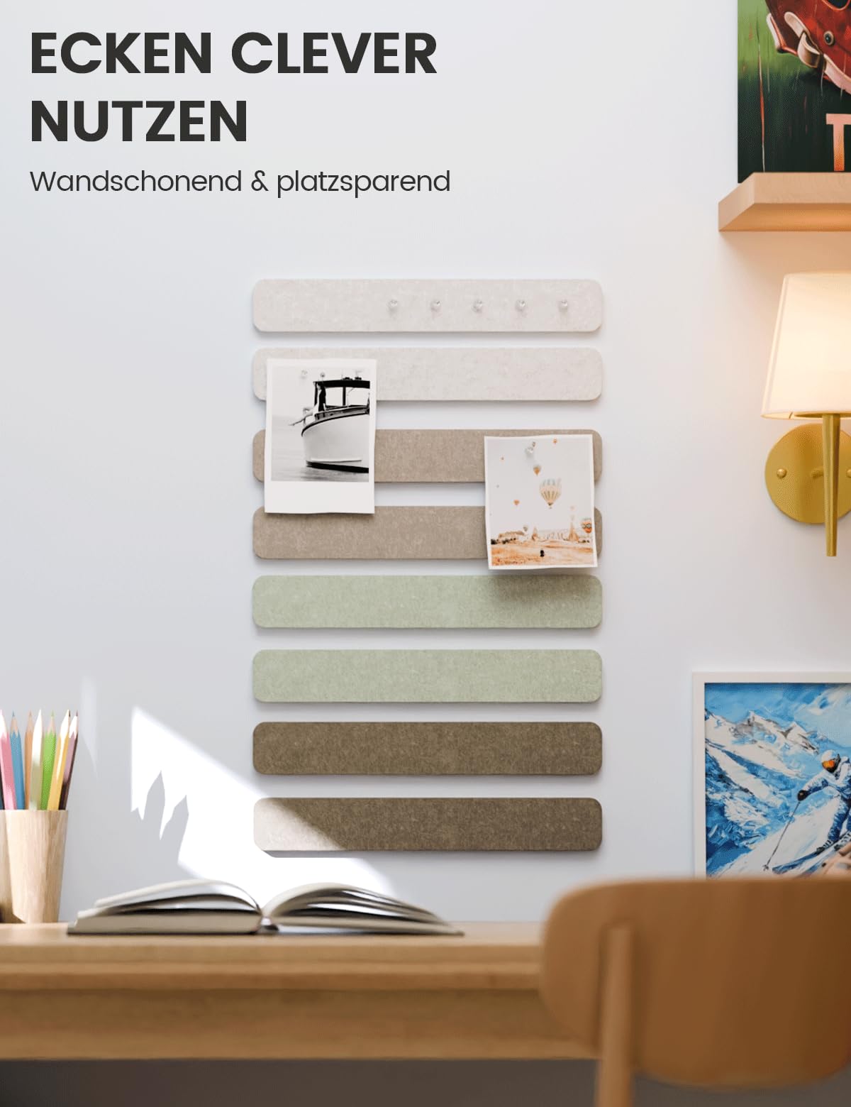 Fluxynara Filz-Pinnwand Streifen als Korkplatten-Alternative, 8 Stück, 33 x 5 cm, selbstklebende Fotowand mit 50 Reißzwecken für Homeoffice und Schlafzimmertür (Leinenmix)