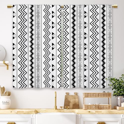 Laifzere Black White Boho Kitchen Curtains Tribal Small Short Cafe Window Curtains Geometric Rod Pocket Nordic Modern Striped Bathroom Window Drapes Treatment Tier Curtains 2 Panels (27.5x39 Inch)