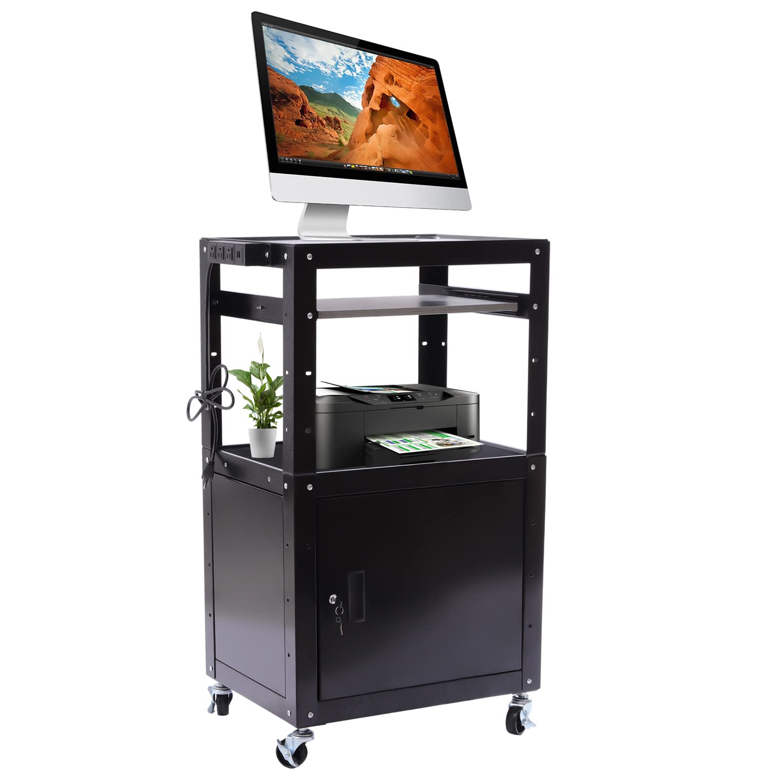 KAHYKLQI Adjustable Steel AV Cart with Locking Cabinet,Rolling Computer Cart,Mobile Presentation Storage Stand with Pullout Tray,Power Strip and