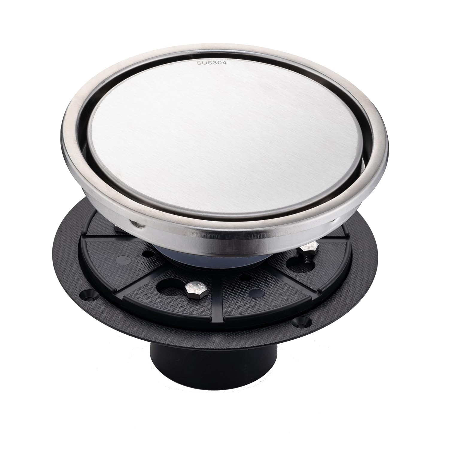 6 inch brushed circular shower floor drain, concealed tile-in installation, complete with sealing ring flange assembly and removable drain cover plate, SUS stainless steel