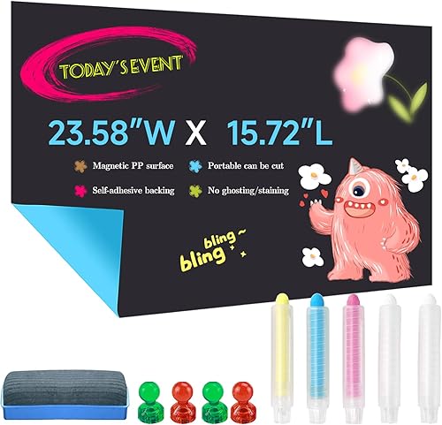 Papel de contacto magnético para pizarra de pared, 23.58 x 15.72 pulgadas, papel tapiz autoadhesivo, incluye 5 tizas, 4 imanes fuertes, 1 pizarra