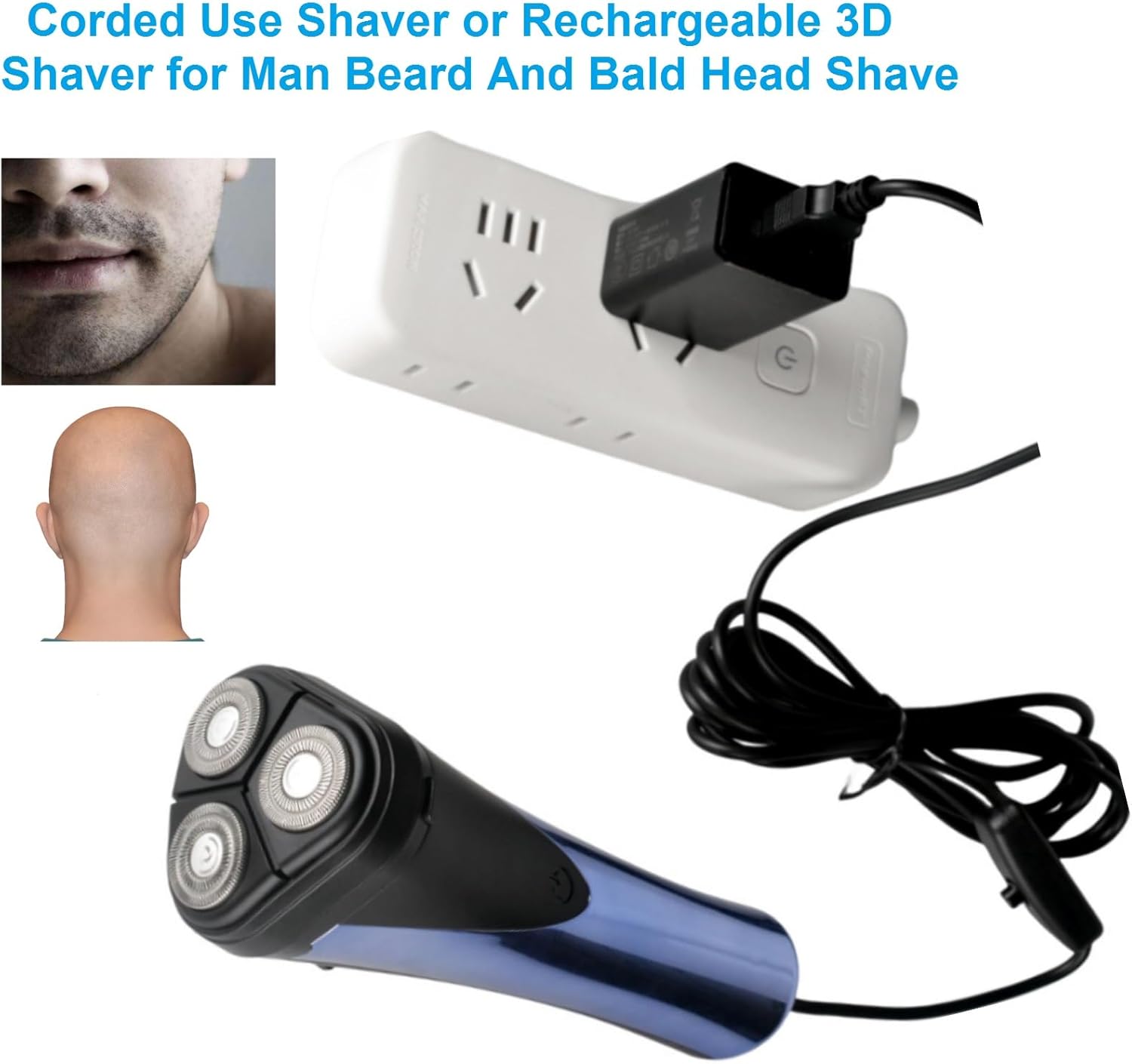 Corded Electric Razor for Men,Face and Bald Head Close Shave,3 Head Rotary Shaver,Self Baldhead Trimmer for Mens,Bold Hair Stubble Beard Clipper,10W Power,Cord or Cordless Use