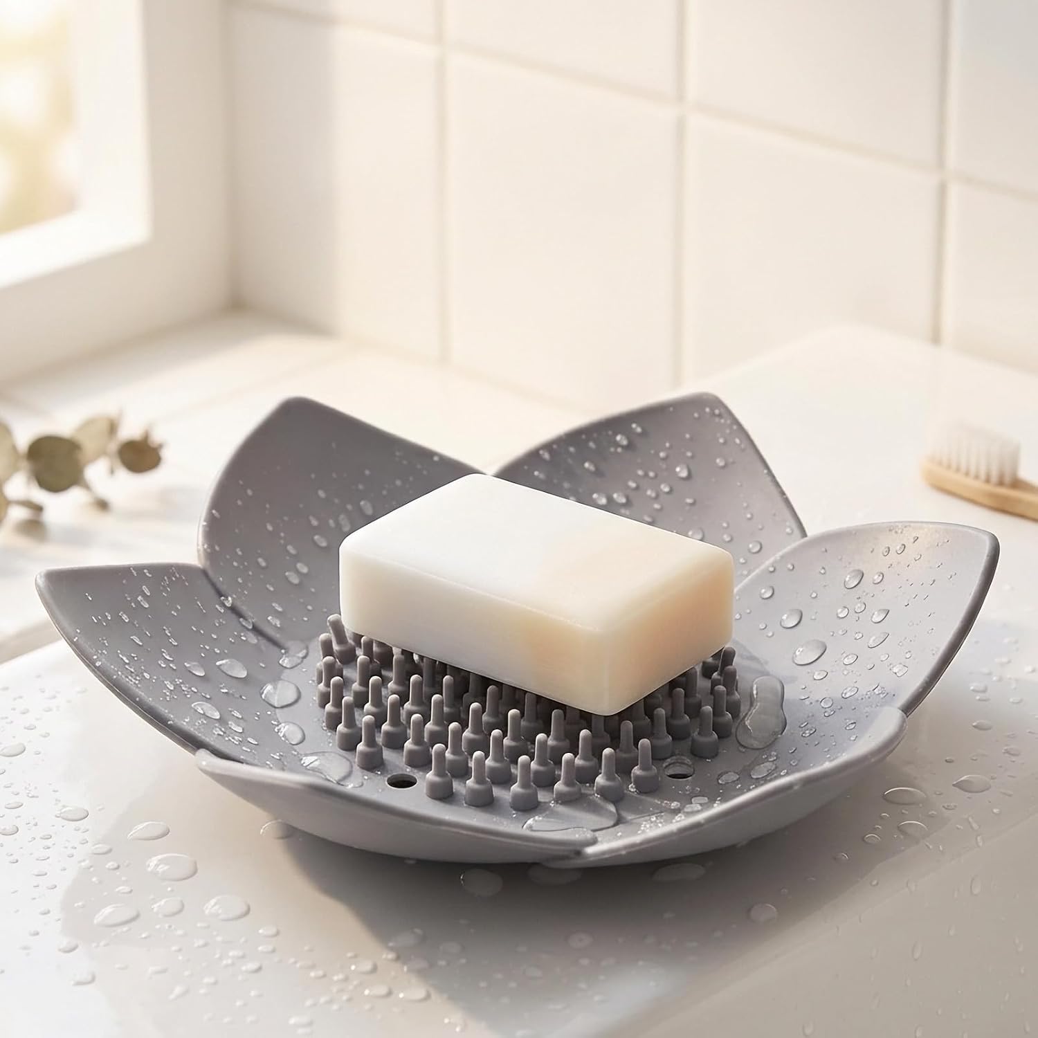 Grey Silicone Soap Dish with Drain, Lotus Shower Steamer Tray, Non-Slip Bar Soap Holder for Bathroom, Kitchen Sink, Bathtub, Extend Soap Life