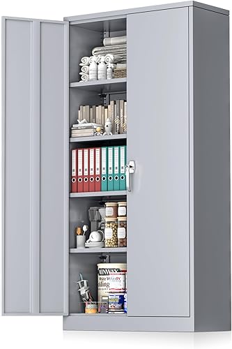 Pataku Gabinetes de almacenamiento de garaje, gabinete de metal gris con puertas y estantes de bloqueo, gabinete de herramientas de acero de 72.5 x