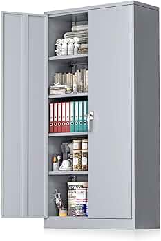 Pataku Garage Storage Cabinet, Grey Metal Storage Cabinet with Doors and Shelves, Garage Cabinets Tall File Cabinet Lockable, Tool Cabinets for Home, Office, Garage, Warehouse