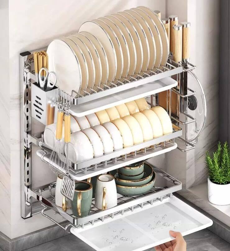 Escurridor de platos montado en la pared con bandeja de goteo extraíble de acero inoxidable para colgar, plegable, en portavasos, escurridor de platos de cocina, estantes colgantes