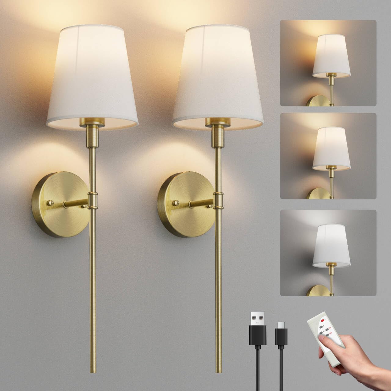 Aipsun 5500mAh Applique da Parete Interno Dimmerabile Batteria Operata, 2PCS Lampada da parete Senza Fili con Telecomando, Lampada da Muro Batteria Ricaricabile USB,3 Modalità di Colore, Oro