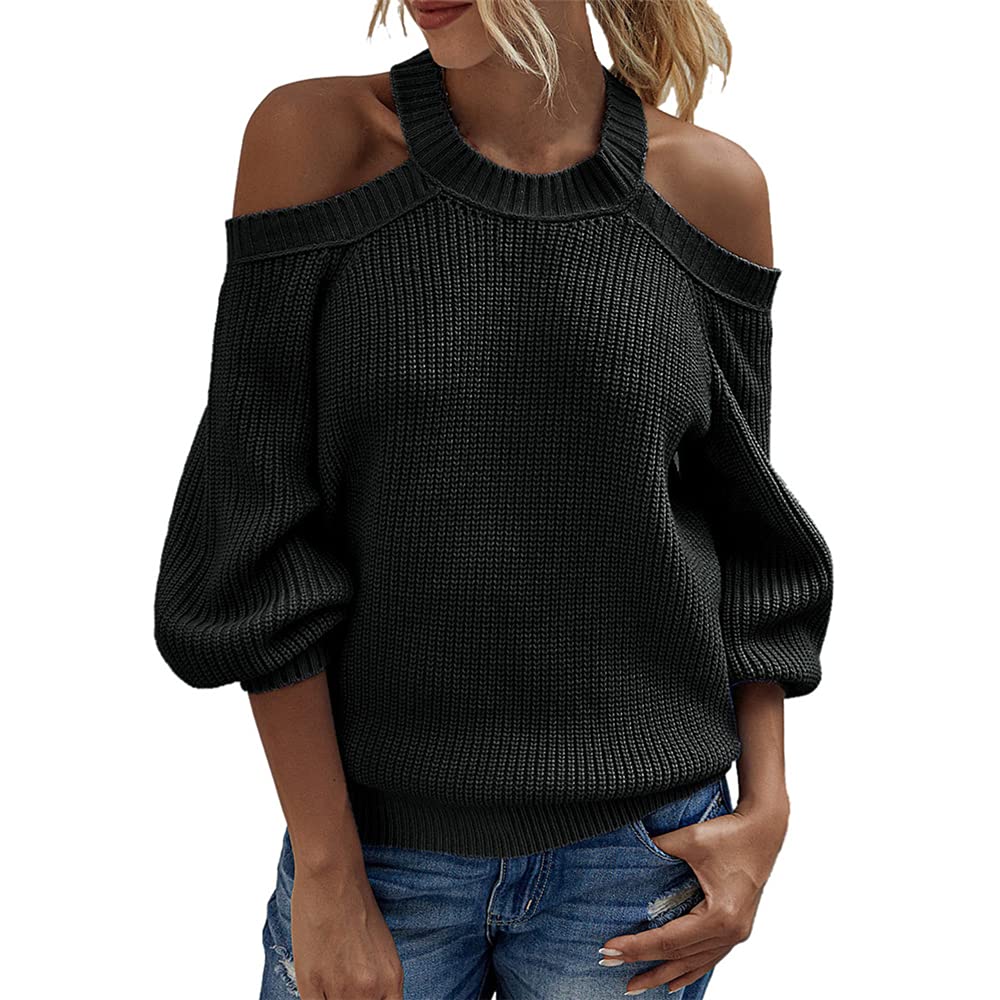 Prjn Women's A-Black Casual Cold Shoulder Halter Neck Long Sleeve Back Cut Out Knit Pullover Jumper Sweater Tops Sweaters Long Sleeve Casual Loose Oversized Chunky Knit Pullover Jumper Tops
