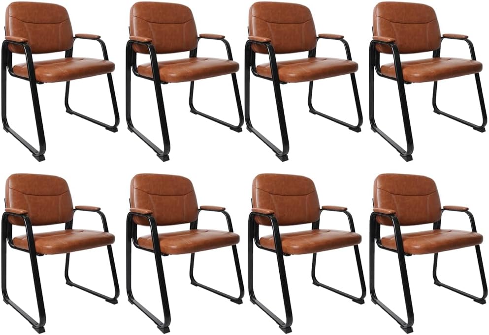 CLATINA Guest Reception Chair, Waiting Room Desk Chair Meeting Chairs with Sled Base and Bonded Leather Padded Armrests, Ergonomic Side Chair for Home Office Conference, Brown 4Pack