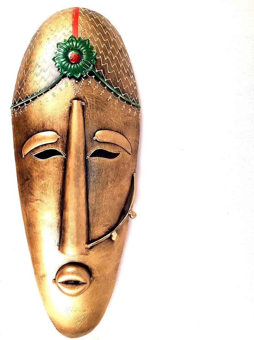 Apka Mart The Online Shop Wall Mask | Decorative Tribal Masks For Home Entrance & Living Room |Man & Woman Metal Face Hanging - For House, Door, Hall-Way, Balcony Decoration - 21 Inch