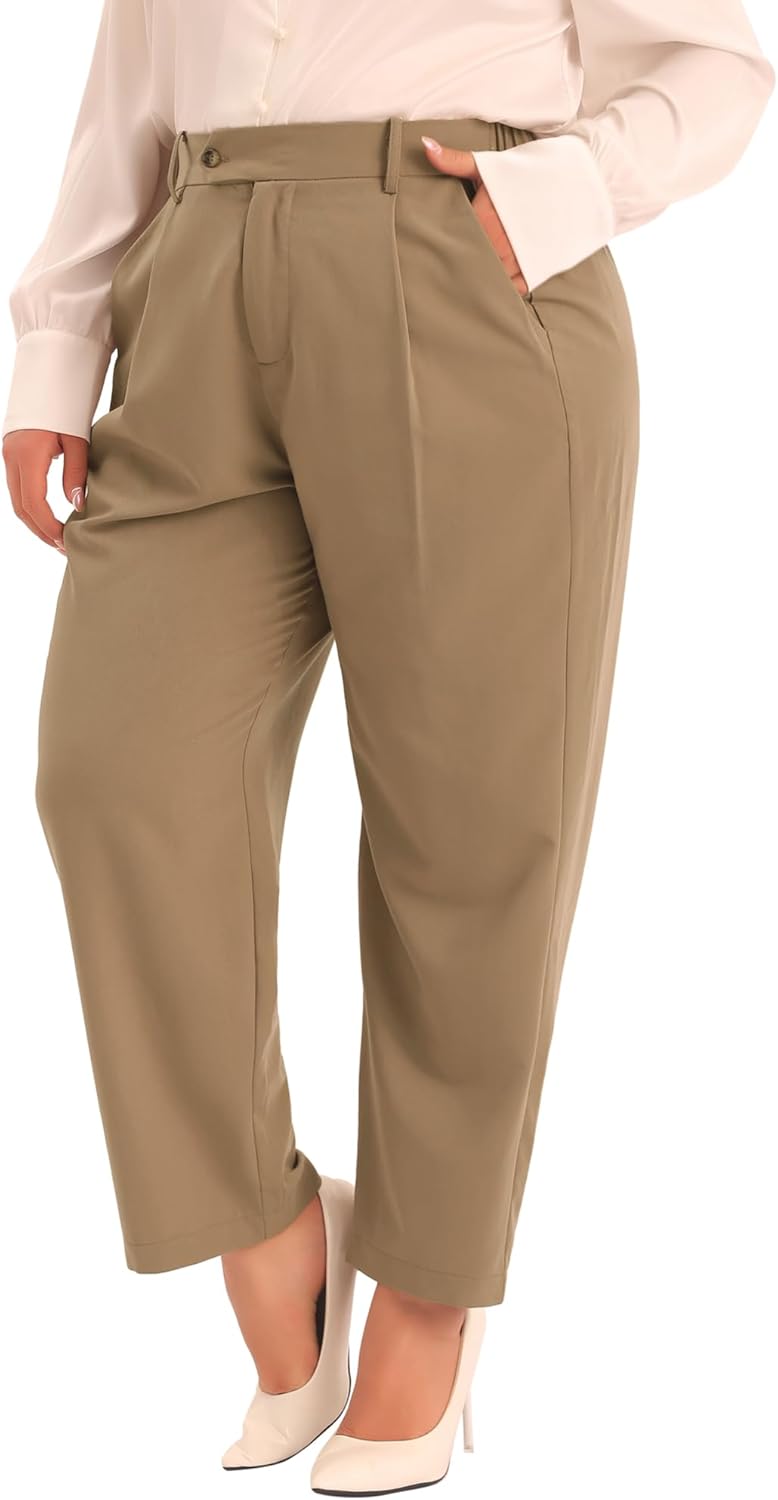 Agnes Orinda Plus Size Pants for Women Elastic High Waisted Long Straight Business Casual Work Pants Trousers with Pockets