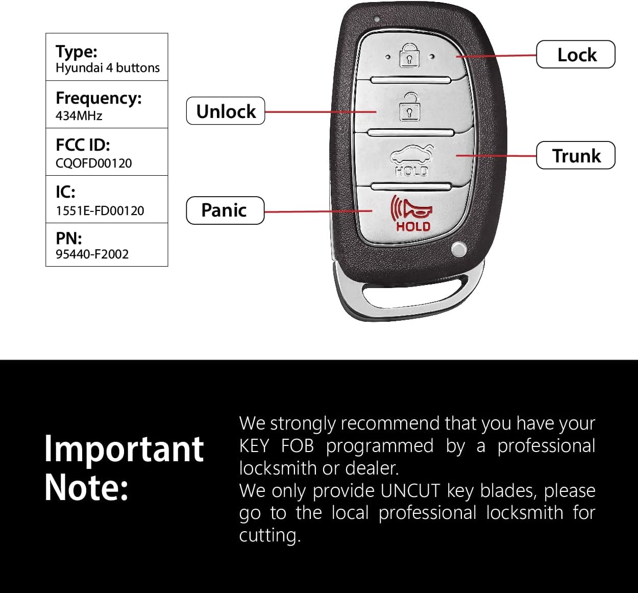 Replacement for 2019 2020 Hyundai Elantra Key Fob Remote Control CQOFD00120 4 Buttons 434MHz