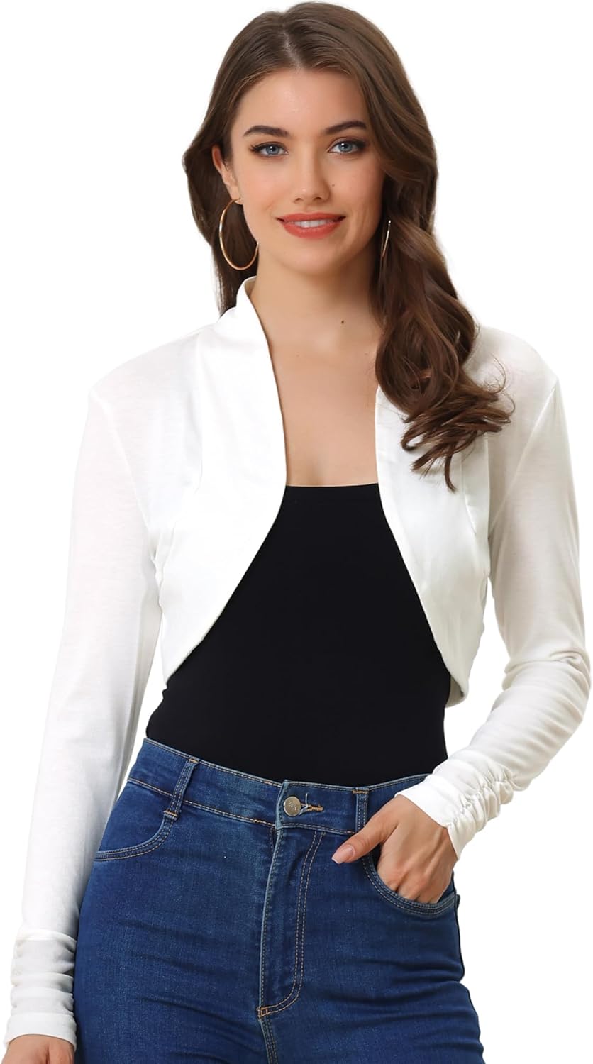Allegra K Women's Elegant Bolero Shrug Ruched Long Sleeve Open Front Cropped Cardigan