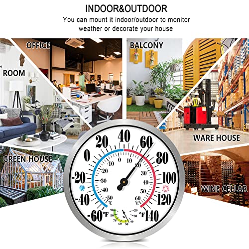 12'' Outdoor Thermometer Large Numbers, Outdoor Decorative Thermometer With Stainless Steel Enclosure No Battery Needed Outdoor Thermometers For Patio (Silver) #TOP5