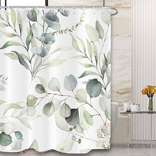 Green Eucalyptus Shower Curtain, Sage Green Shower Curtain for Bathroom Watercolor Botanical Shower Curtain Waterproof Fabric Shower Curtain Set with Hooks, 72x72 Inch