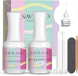 Saviland Dipping Powder Liquid Set - 2 in 1 Dip Powder Base & Top Coat with Activator 15ml/0.5oz Dip Nail Liquid Set for Dipping Powder Nail Kit, Fast Dry, No Nail Lamp Needed