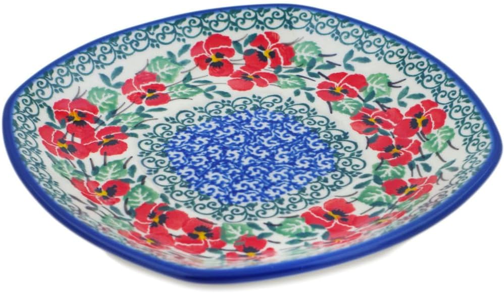 Polmedia Polish Pottery Saucer - Red Pansy Pattern Handmade in Boleslawiec Poland by Ceramika Artystyczna + Certificate of Authenticity