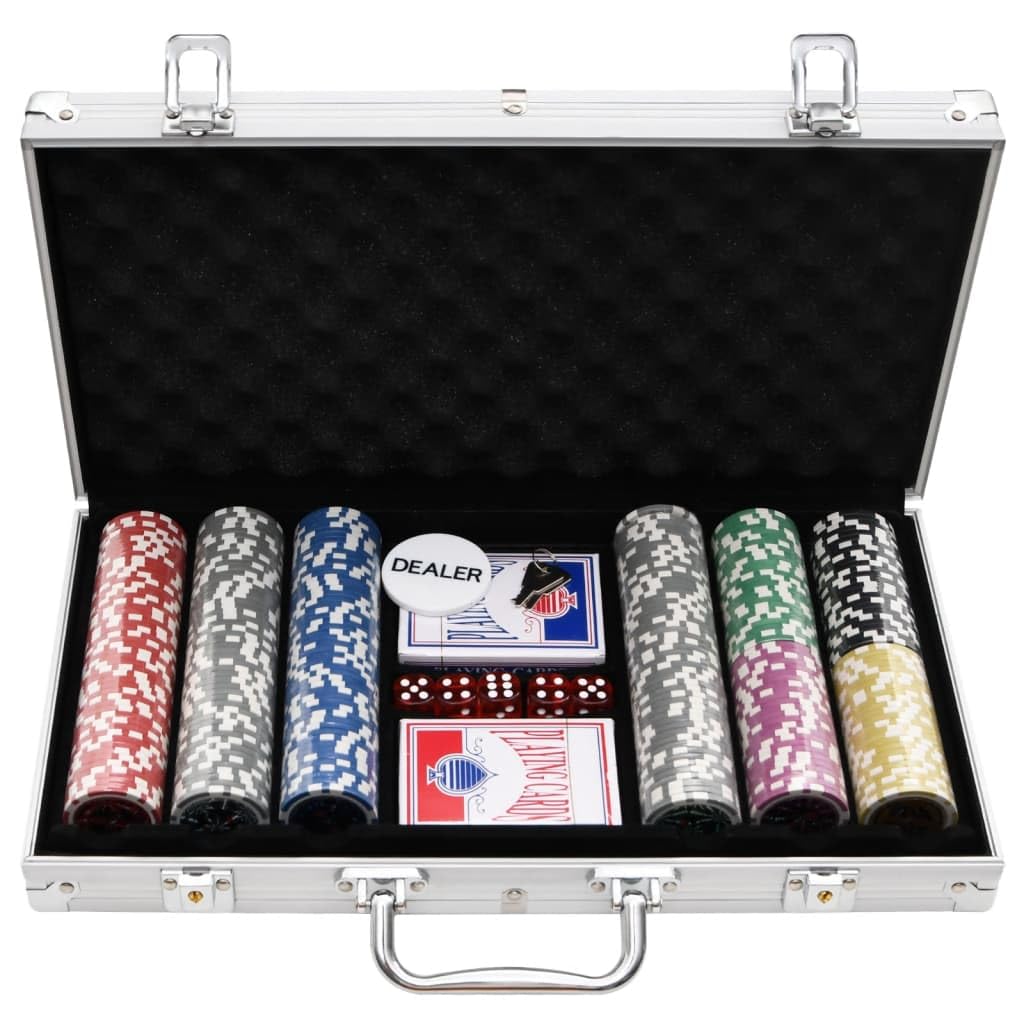 Set di fiches da poker in valigetta in alluminio, 300 fiches da 11,5 g, 2 mazzi di carte, 5 dadi, Dealer Button e accessori per casinò, torneo, Texas Holdem, Blackjack e Poker Serata