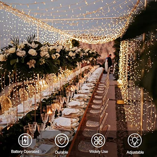 echosari String Lights Battery Powered, 33Ft 100 LED Fairy Lights Warm White Outdoor Fairy String Lights Lights with Remote Dimmable Timer 8 Modes for Wedding Party Garden Decoration