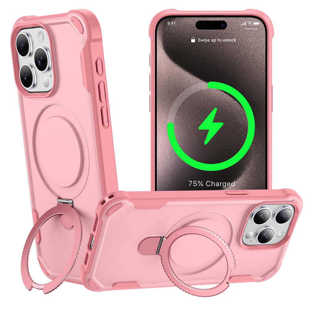 Photo 1 of CHAOFEnG Designed for iPhone 15 Pro Case with Magnetic Stand [Military Drop Protection][Compatible with Magnet] Shockproof 15 Pro Phone Case with Ring Holder, Pink