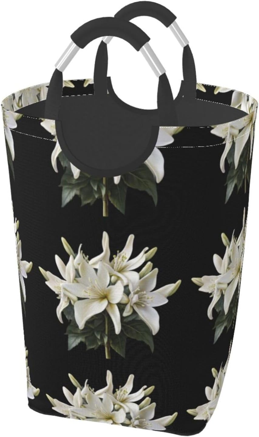 White lily Foldable storage bag, 50L capacity, suitable for laundry room, dormitory bedroom, dirty clothes storage basket.