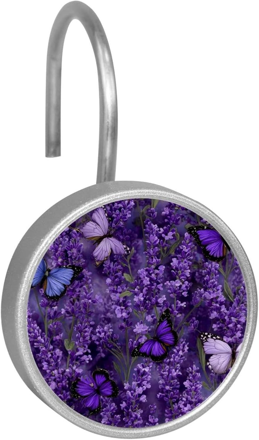 Set of 12 Shower Curtain Hooks, Shower Curtain Rings Crystal Glass Decorative Bathroom Hook, Lavender Butterfly Flowers Purple Floral (1)