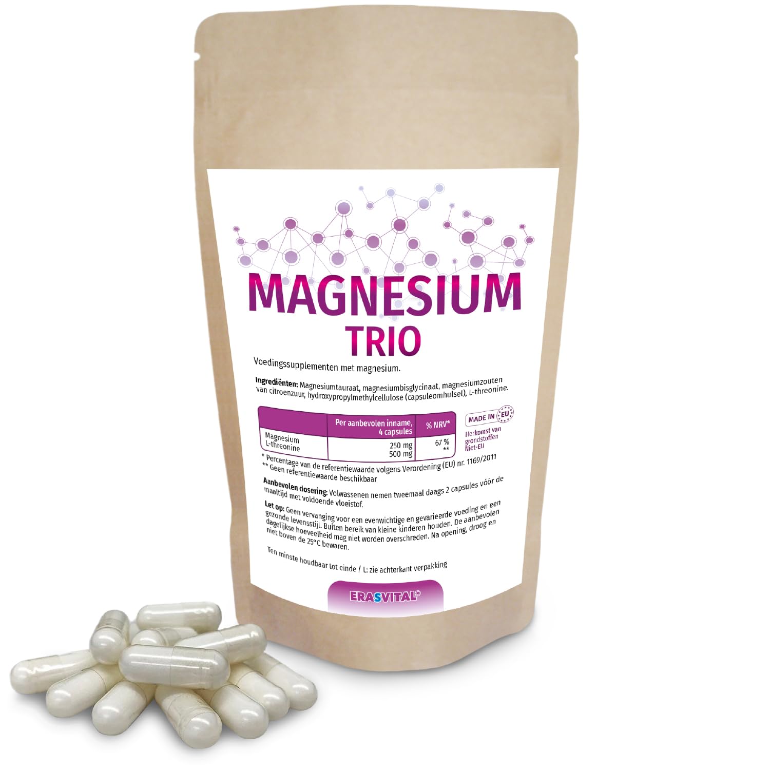 Magnesio Trio 360 cápsulas con taurato de magnesio, bisglicinato de magnesio, citral de magnesio y L-treonina, ideal para un público interesado en la salud mental.
