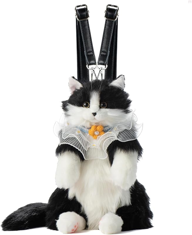 Chongker Stuffed Realistic Cat Plush Backpack, Soft Cat Shaped Backpack with Detachable Straps, Cute Purse Enough Room to Hold Keys, Wallet & Cosmetics, Ideal Gift for Girls,Black