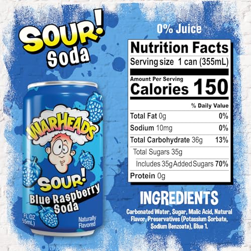 Sour Fruity Soda with Classic Warheads Flavors – Perfectly Balanced Sweet and Sour Soda - Warheads Candy Throwback Treat, Soda, Cocktail Mixer, Pack of 12, 12oz Cans (Blue Raspberry) - Thumbnail 2