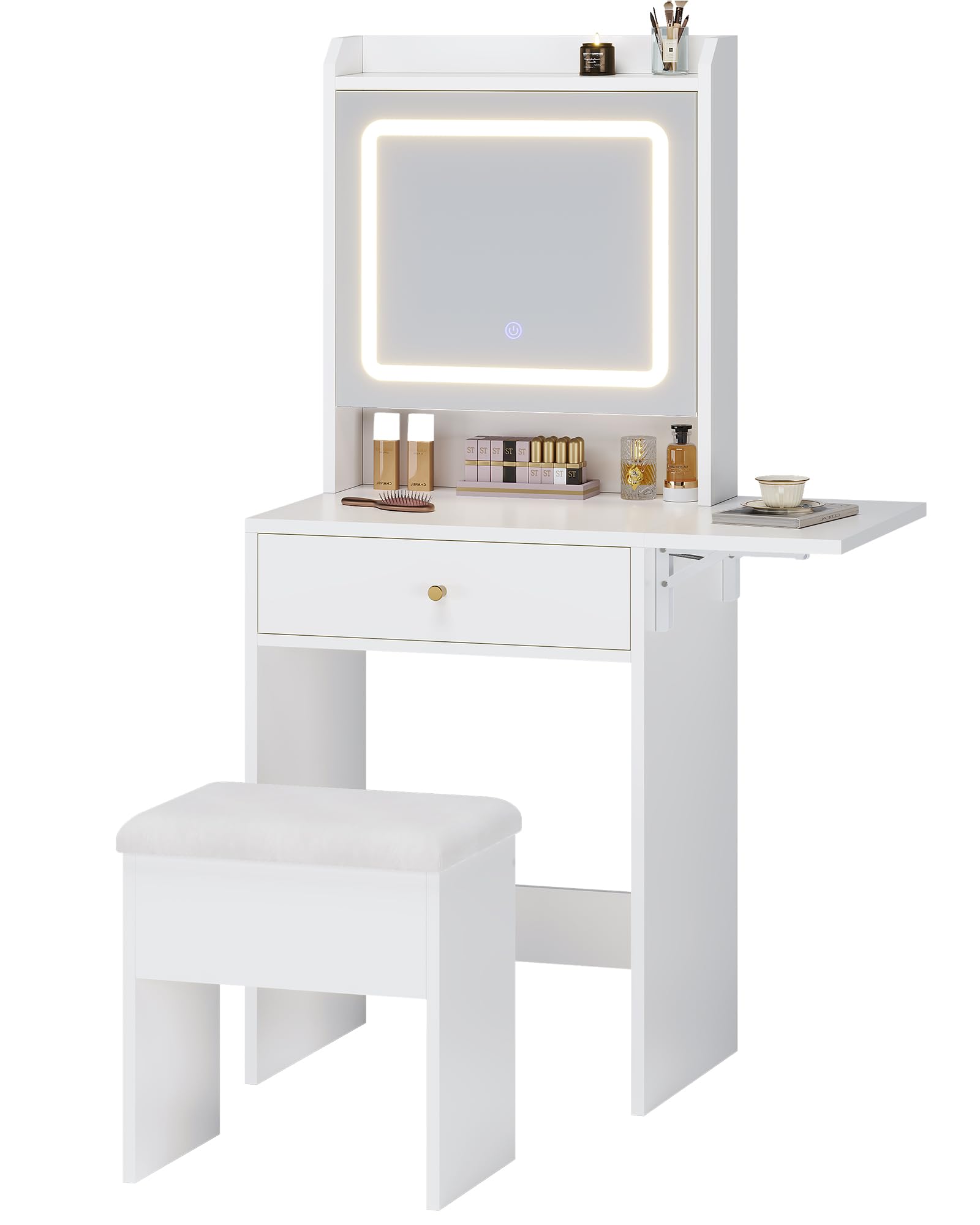 Toeletta Con Luci LED - Tavolo da Trucco Piccolo Con Sgabello, 3 Tonalità, Luminosità Regolabile, 1 Pannello Pieghevole, Specchio, Ripiani Regolabili, Bianco