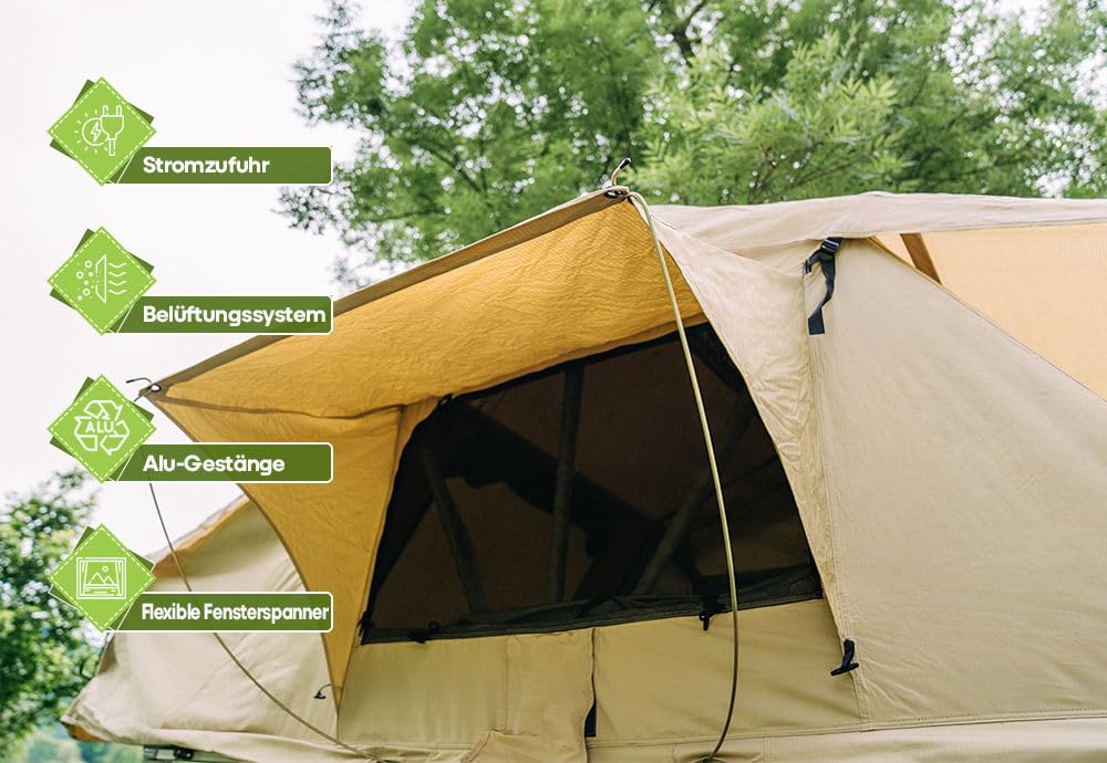 Family Plus Tente de toit pour 1 à 4 personnes (160 cm) avec auvent – Montage rapide, seulement 66 kg – Échelle, housse en PVC, sac à chaussures, outils inclus OutdoorU