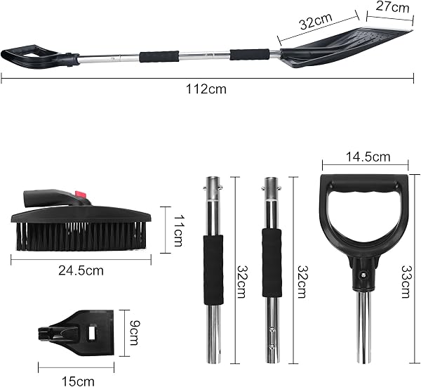 COVVY Kit de Pala de Nieve 3 en 1, Retráctil Con Raspador de Hielo y Cepillo Para Entrada de Coche, Incluye Bolsa de Almacenamiento y Guantes (Plateado) - 3