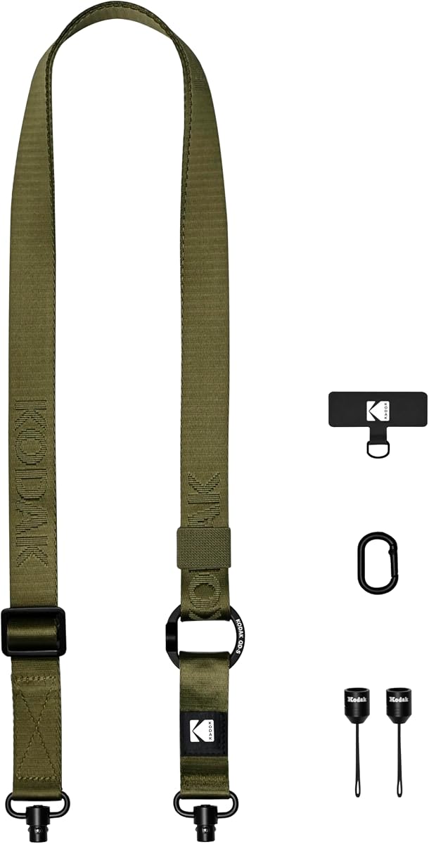 Correa multiusos para cámara KODAK (oliva) - Sistema de desconexión rápida, giratorios de metal livianos y duraderos, usos múltiples, cámaras SLR, cámaras compactas, teléfonos inteligentes