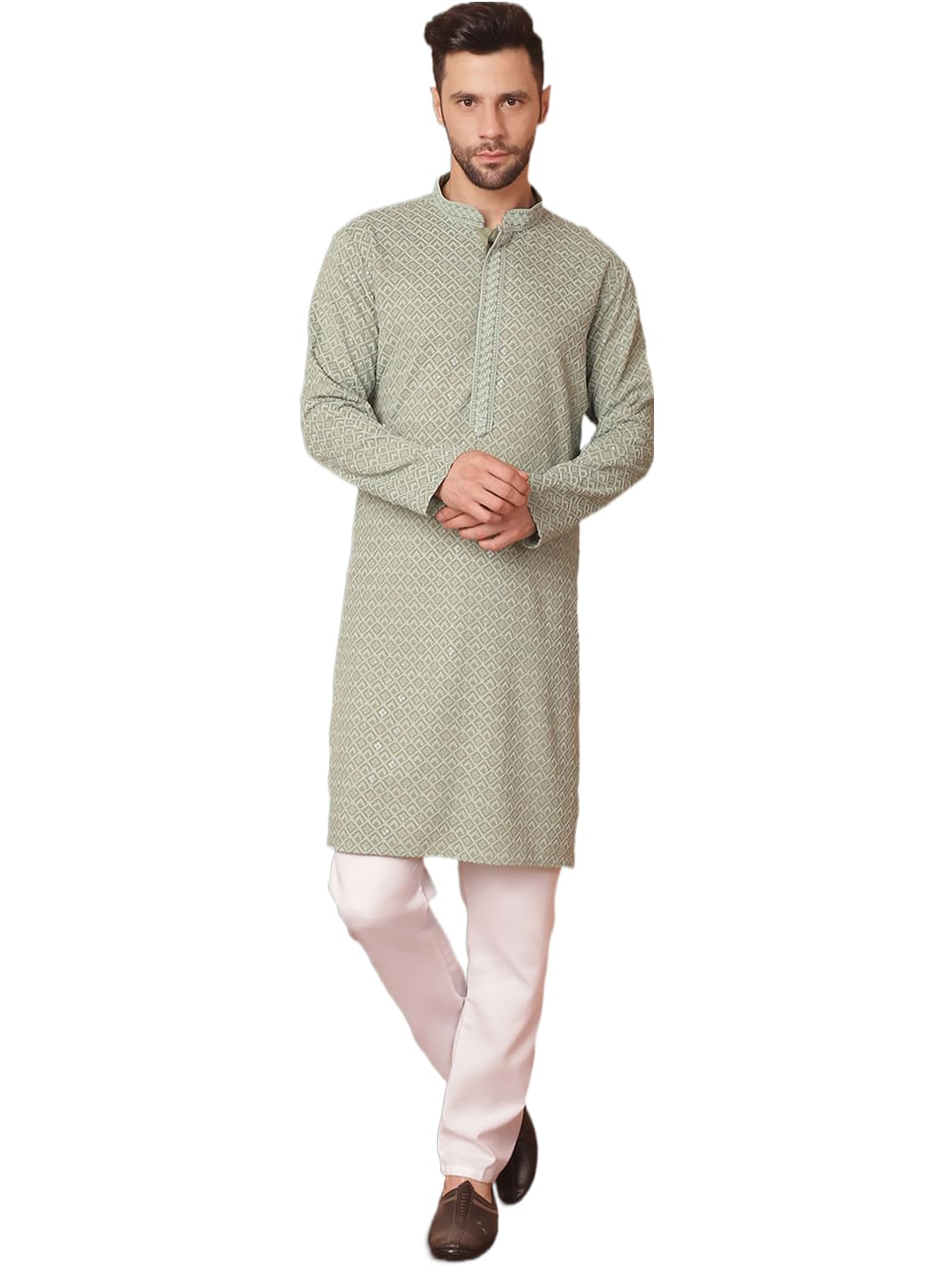 Jompers Men's Pista Embroidered And Sequence Kurta With Pyjama. (Pista, L)