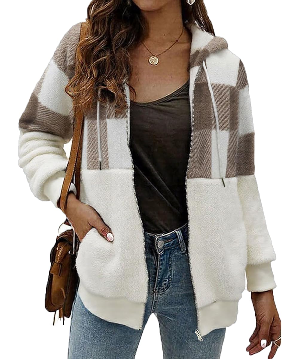 ABINGOO Veste Femme Polaire Long Manteau a Capuche Zippée Hiver Blouson | Fausse Fourrure Pull Chaude Doux Peluche Ample Mode Casual Sweat leopard Carreaux