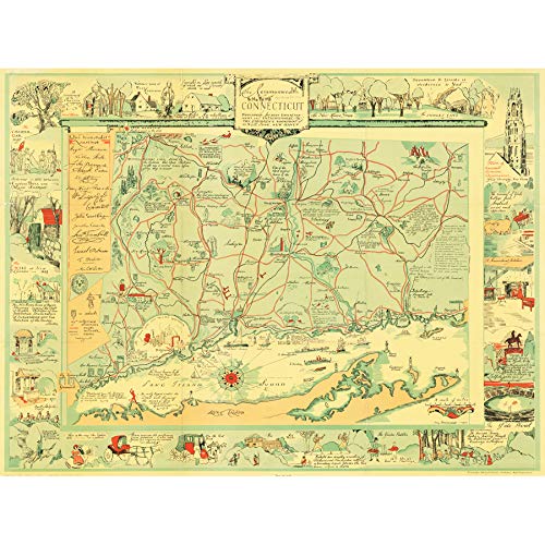 Dravenstedt 1926 Pictorial Map Connecticut Art Print Canvas Premium Wall Decor Poster Mural