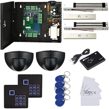 Magnetic Lock Exit Motion Sensor 2 Doors TCP/IP Access Control System Keypad Reader Control Board 110V Power Supply Box USB Enroll Reader RFID Card/Key FobPhone APP Remote Open Door