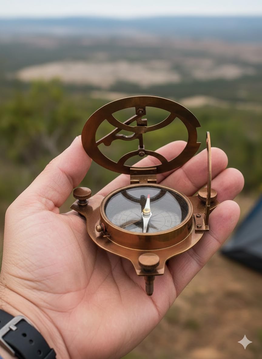 Reloj de sol antiguo réplica de brújula de latón macizo con caja de madera