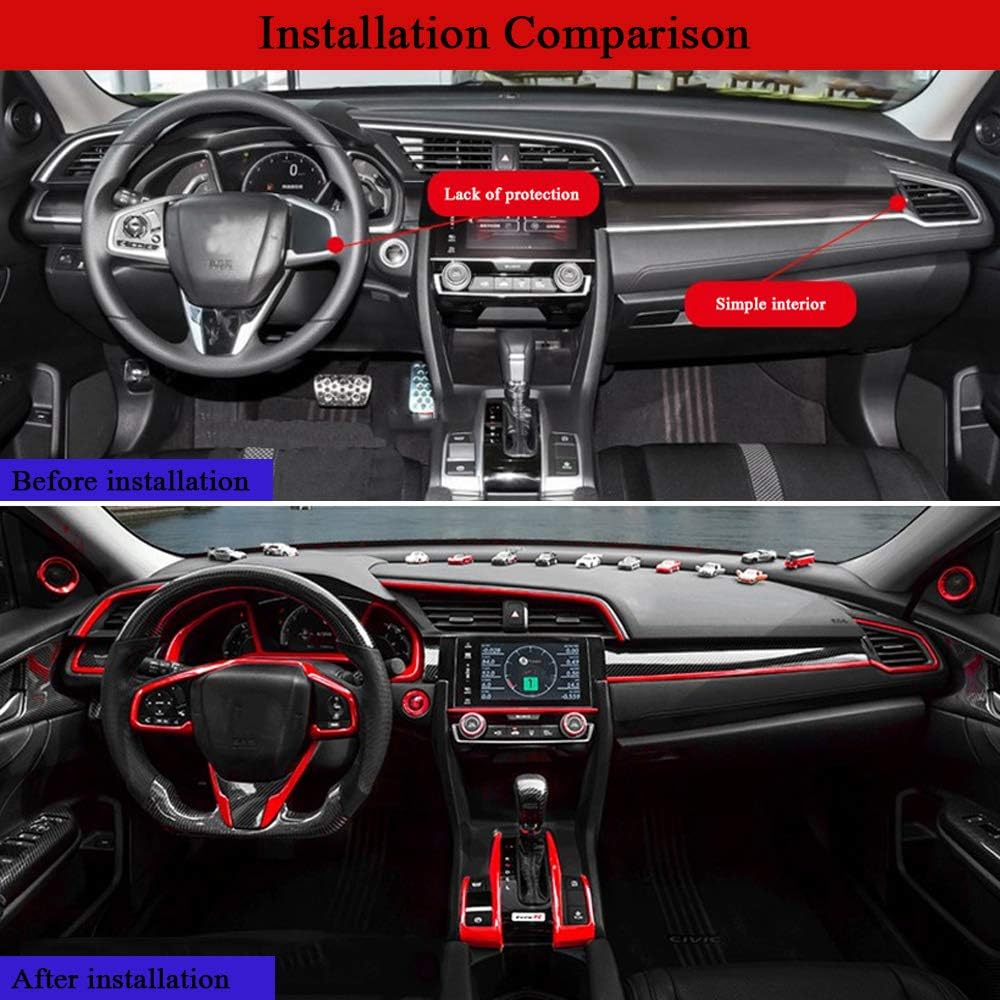 XITER 15Pcs Instrument Panel Console Center Frame Decorative Trims molding Automotive Full set of car interiors for Honda 10th Civic 2016 2017 2018 2019 2020 2021(RED)