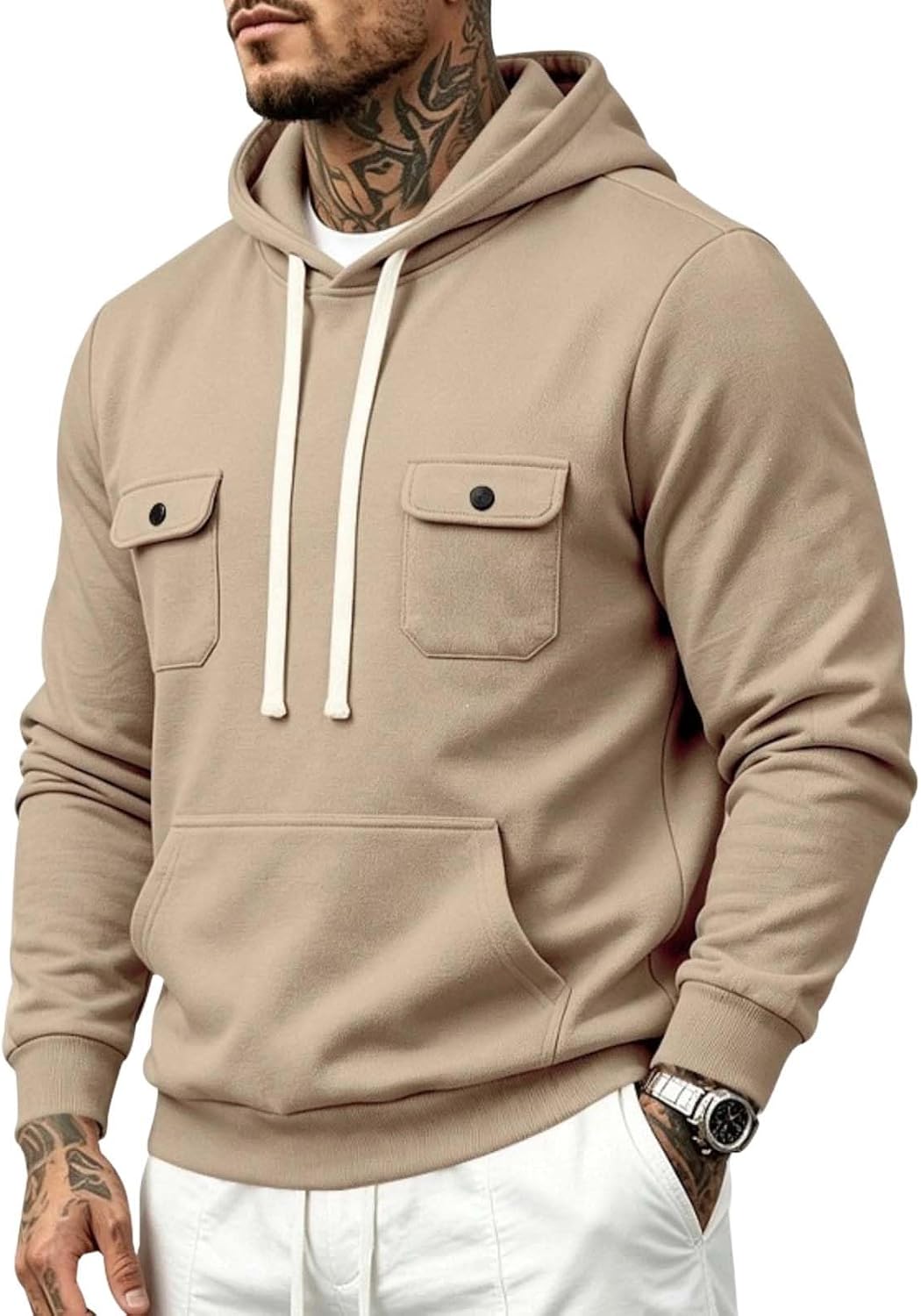 Mens Pullover Sweatshirt Chest Pockets Casual Long Sleeve Tops