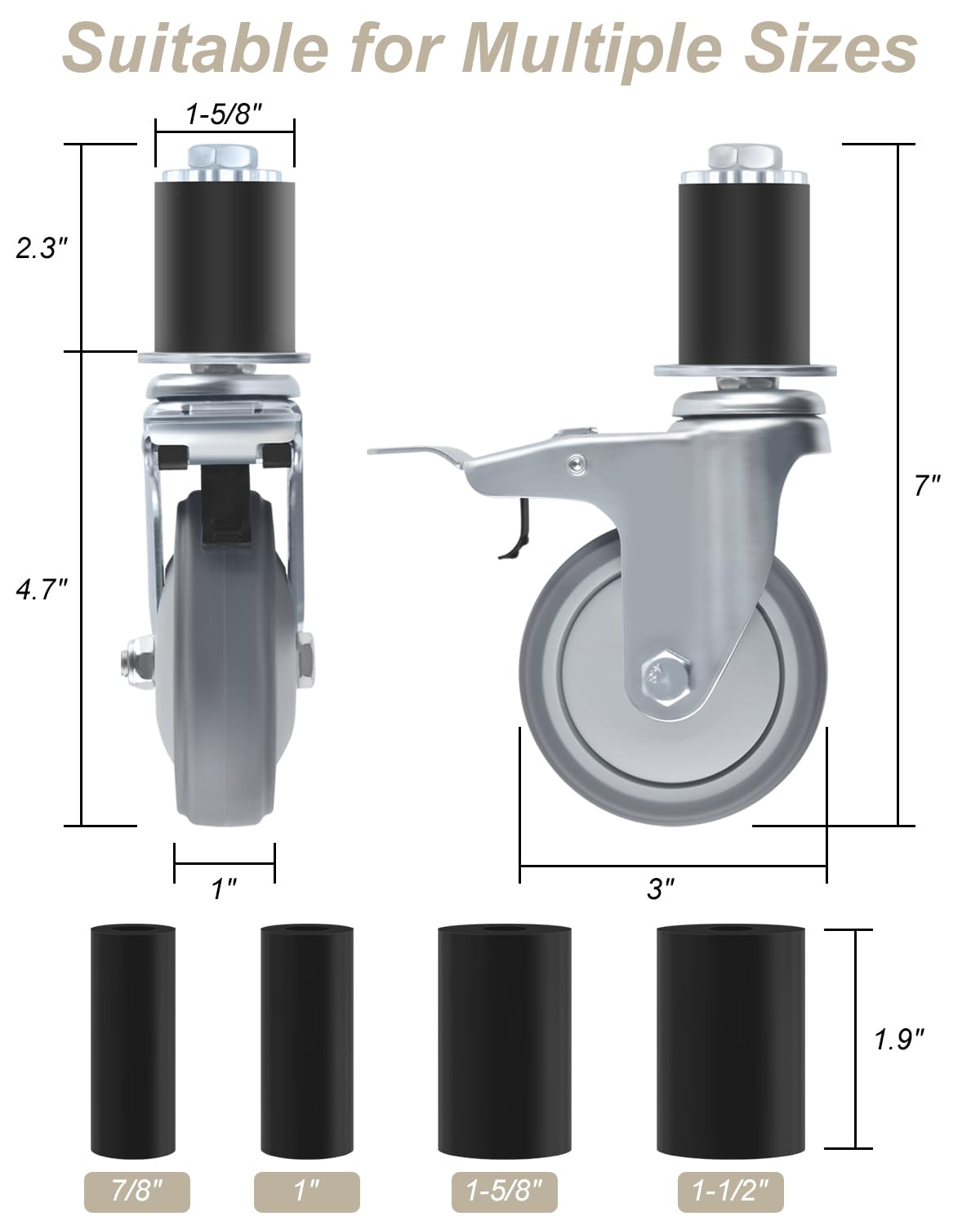 ERKOON 4 Pack Heavy Duty Gate Caster Mute Wheel, Prep Table Caster Wheels Set with Spring Loaded Bracket, Suitable for 7/8 