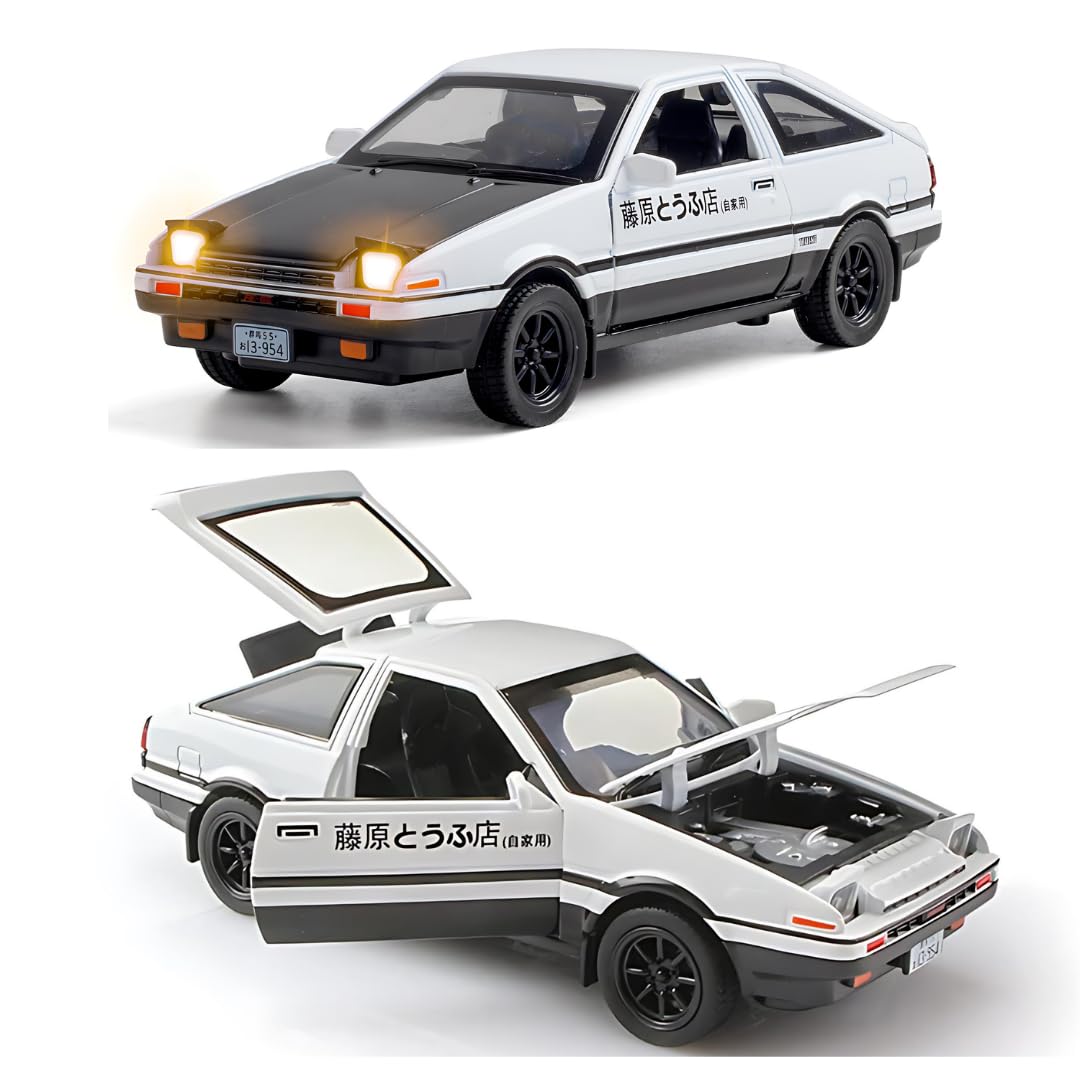 1:32 Scale Toyota AE86 Initial D Model Car - Exclusive Alloy Metal Pullback Toy with Openable Doors, Lights, and Music for Kids 【Colors as Per Stock】