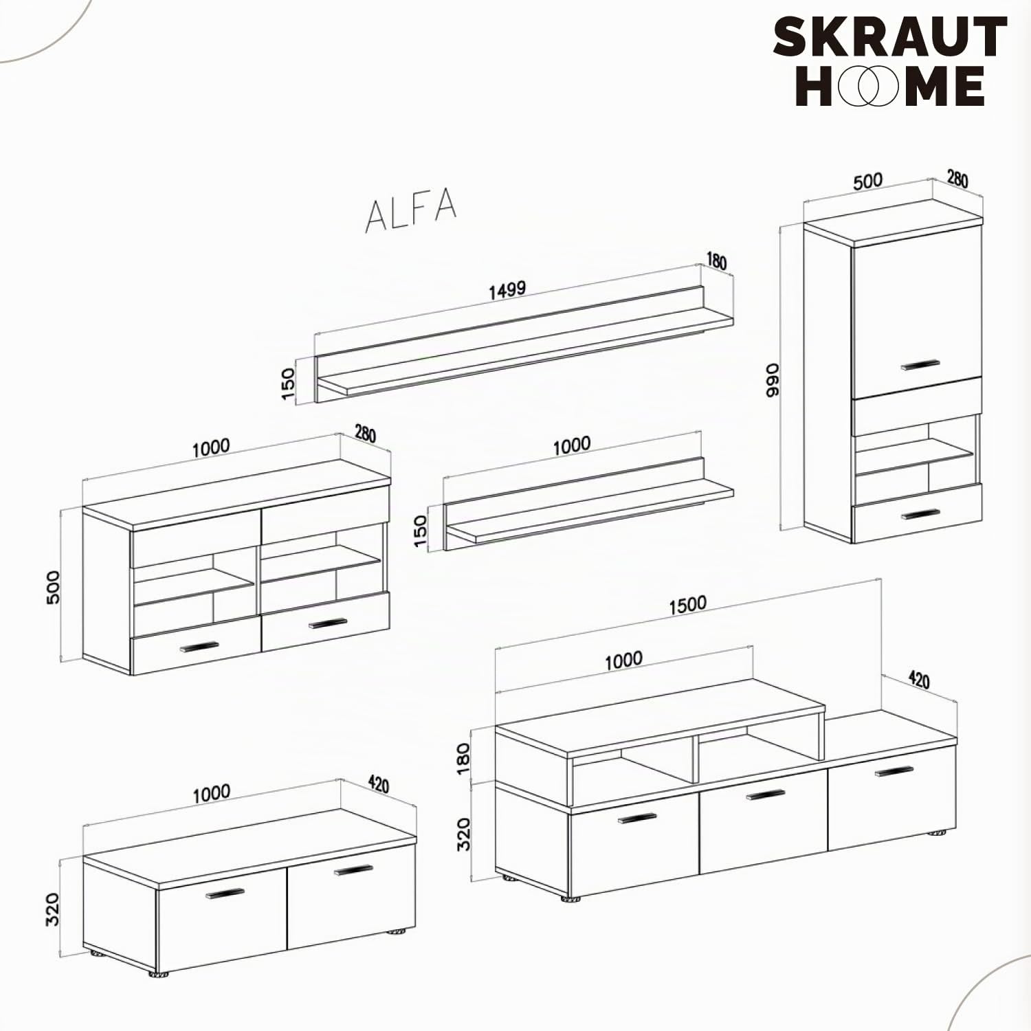 Skraut Home – Wohnzimmermöbel – 194 x 250 x 42 cm – LED-Beleuchtungssystem – Modell Alfa II – große Speicherkapazität – moderner Stil – Ausführung in Weiß/Schwarz